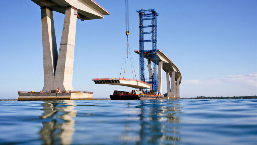 Heavy-lift crane operation using high-strength synthetic slings to lift a bridge segment over water