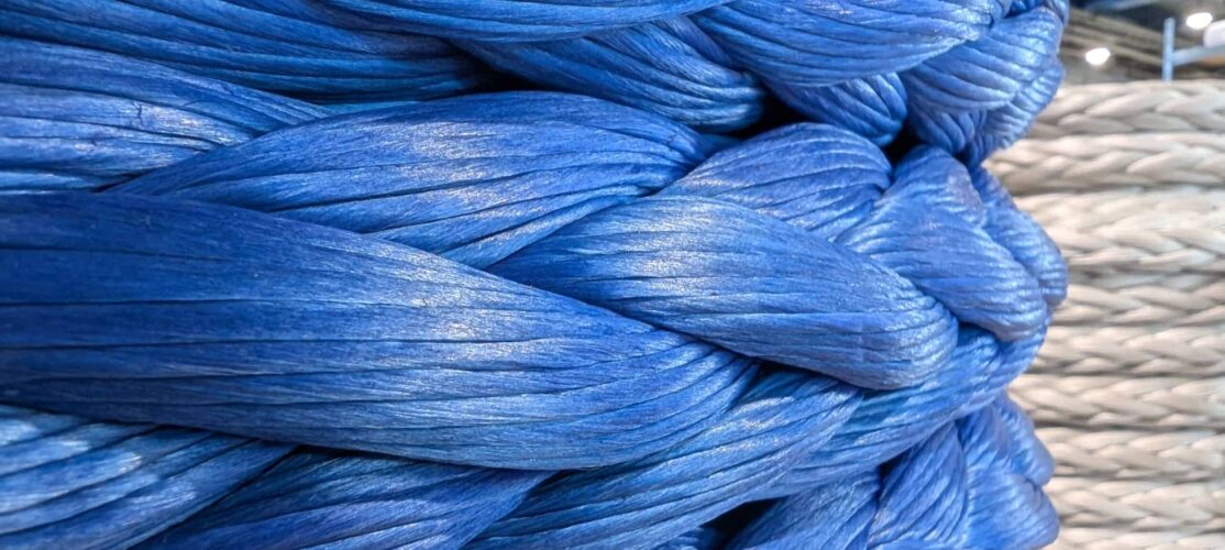 Blue 12-strand HMPE rope ICON on a spool during manufacturing process